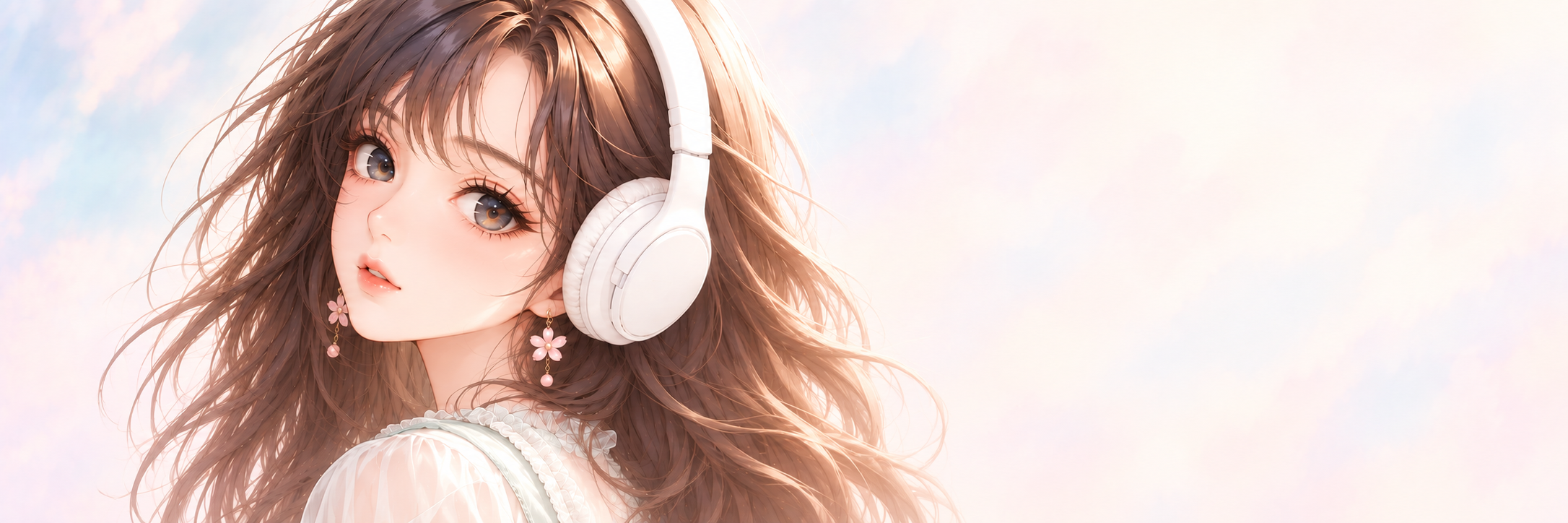 白いヘッドホンとピンクの花の耳飾りをつけたMAYAのイラスト。